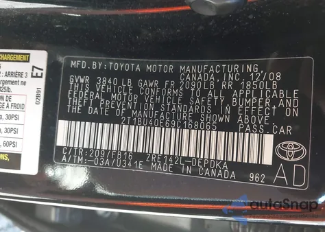 2009 Toyota Corolla Le z USA, uszkodzony, nr VIN 2T1BU40E69C168065